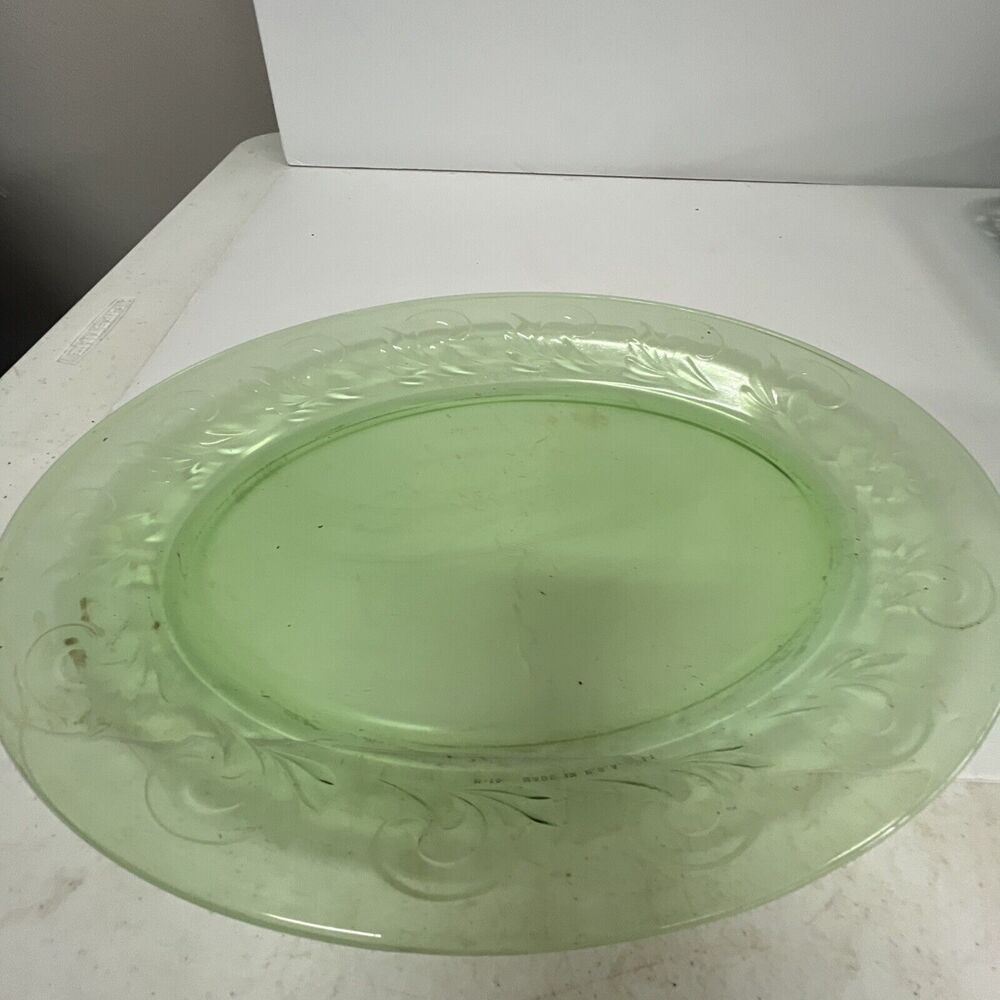 Green Glass Decorative Serving Platter Vintage H16" Made in USA 11